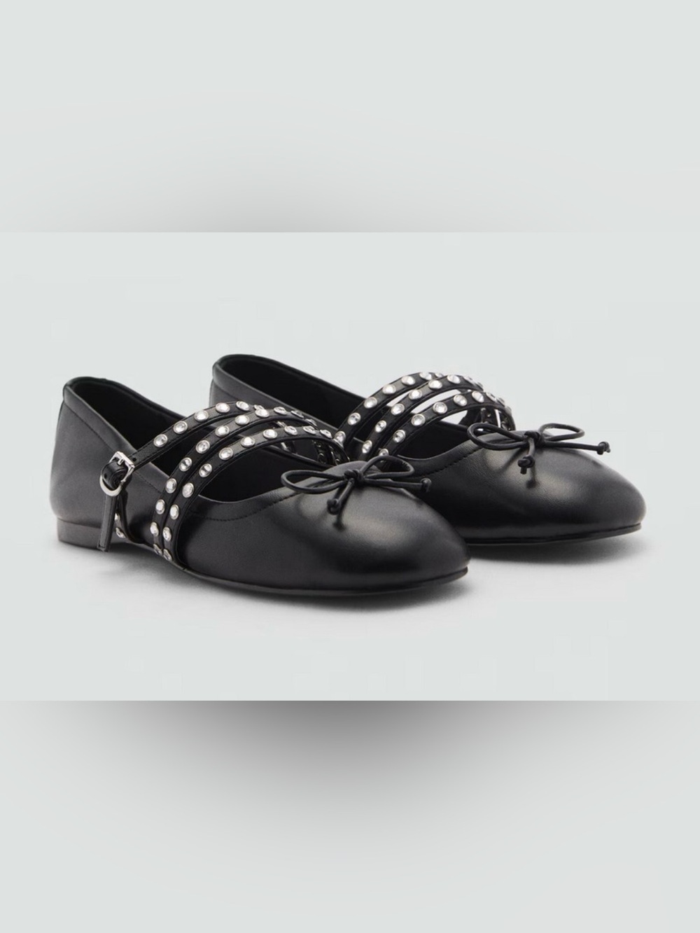 NEW MANGO MNG BLACK STUDDED STRAPS BOW RHINESTONE BALLET FLATS SHOES 37 US 6.5